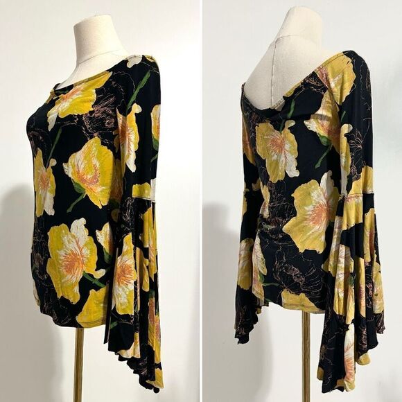Free People Floral Birds of Paradise Off-shoulder Top M Bell Slv Boho Festival - Picture 4 of 13